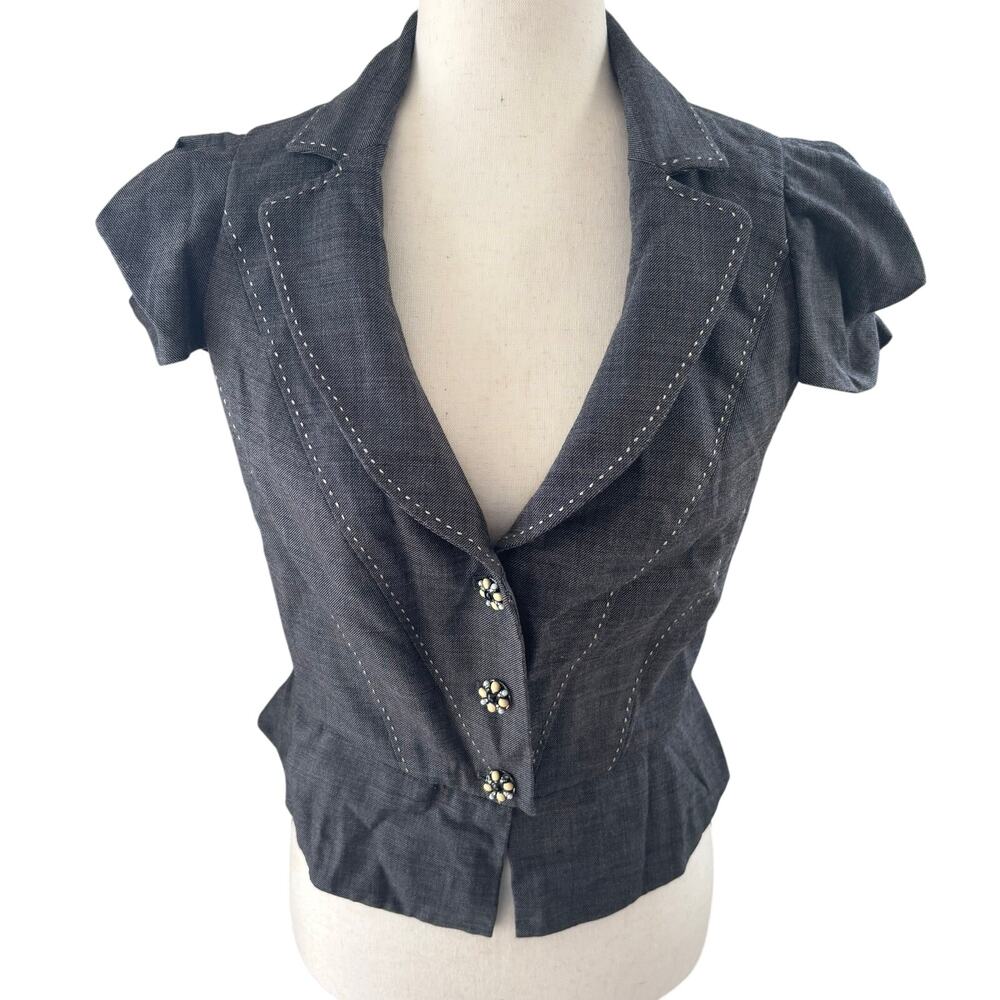 Rebecca Taylor Gray Puff Sleeve Fitted Blazer Peplum Jeweled Buttons Twee Career
